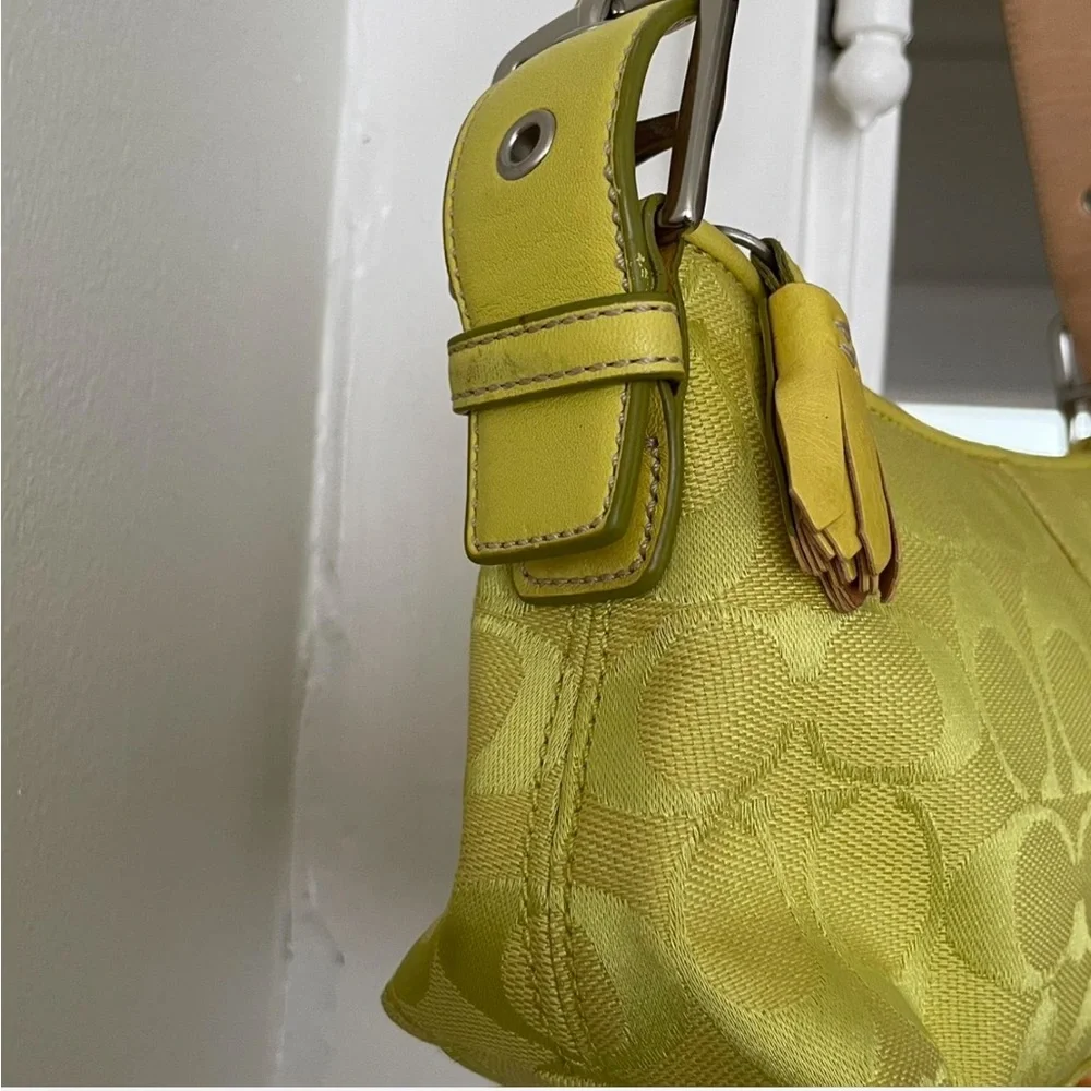 Coach Yellow Green Signature Jacquard Shoulder Bag with Leather Trim